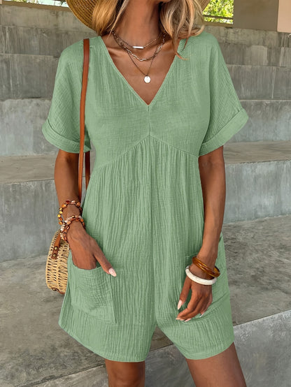 Women’s Romper - V-Neck Short Sleeve - Loose Fit with Front Pockets - Textured Fabric