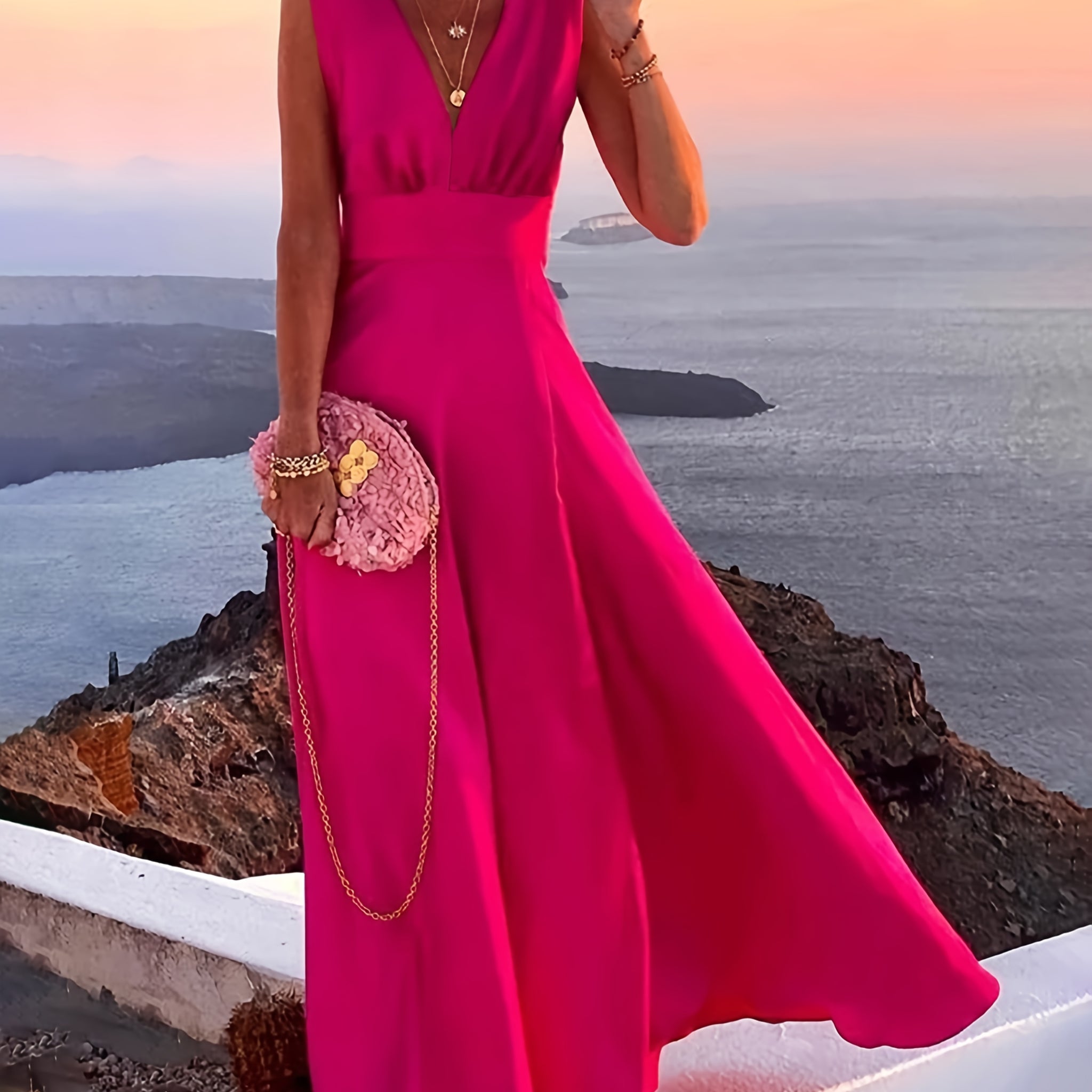 Sleeveless v-neck maxi dress with flattering waistband for women