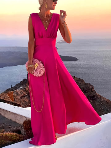 Sleeveless v-neck maxi dress with flattering waistband for women