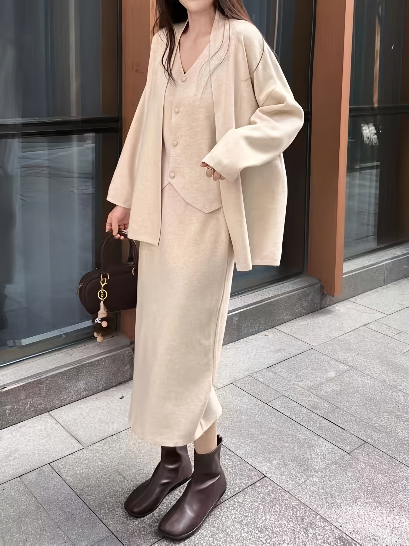Three-piece cardigan, vest, and skirt knit set for women