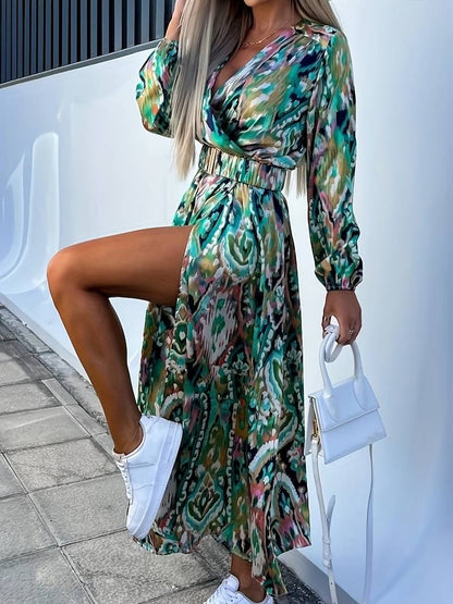 Women's Wrap Dress - V-Neck Long Sleeve - Fitted Waist High Slit Flowy Skirt