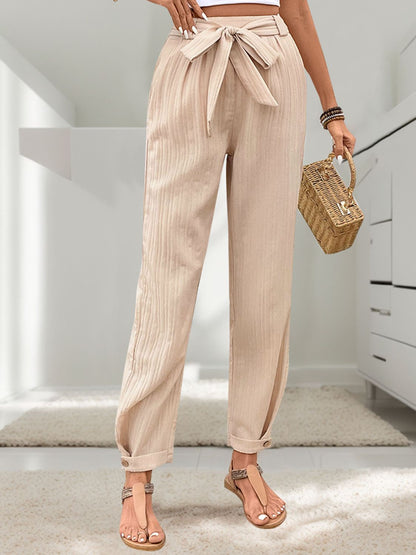 Women’s Paperbag Trousers - High Waist - Pleated Loose Fit - Belted Waist - Cuffed Hem