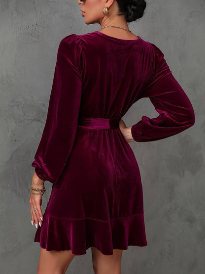 Women's Velvet Wrap Dress - Long Sleeve - V-Neck - Belted Waist - Mini Length Elegant Wear
