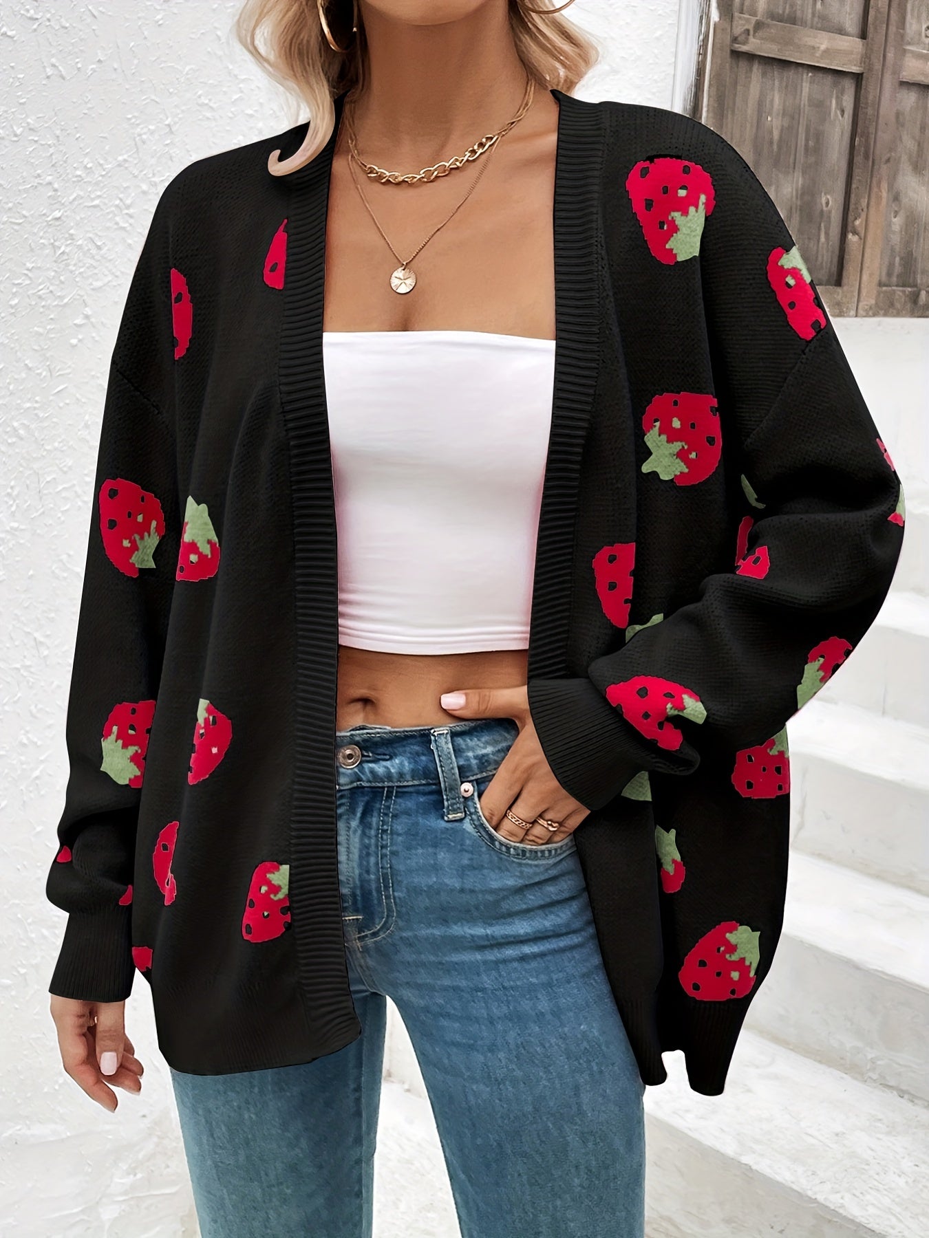 Strawberry print open-front cardigan with long sleeves and ribbed edges for women
