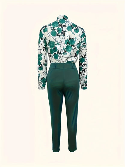 Floral printed long-sleeve shirt and high-waist pants set for women