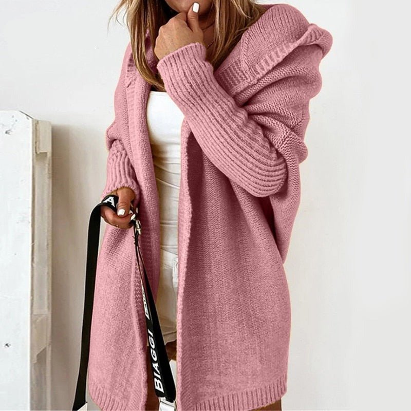 Women’s Cardigan – Oversized Fit – Knitted Wool Blend – Hooded Longline Open Front