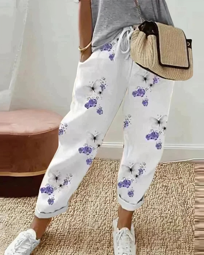 Women's Jogger Pants - Cotton Linen - Relaxed Fit - Elastic Waist - Printed Casual Wear