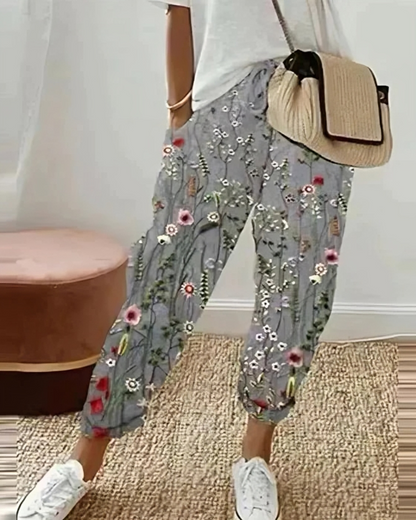 Women's Jogger Pants - Cotton Linen - Relaxed Fit - Elastic Waist - Printed Casual Wear