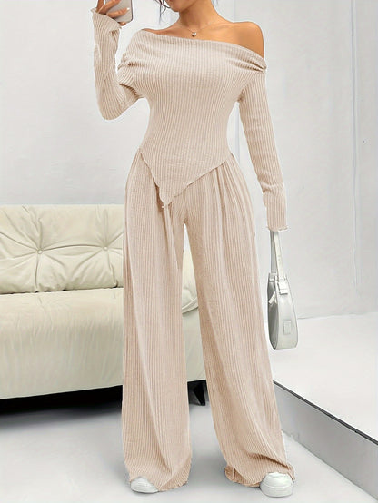 Two-piece off-shoulder ribbed top and wide-leg pants set for women