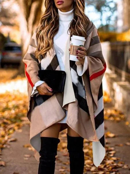 Women's knee-length plaid tweed top cape top dual-purpose scarf elegant cloak jacket