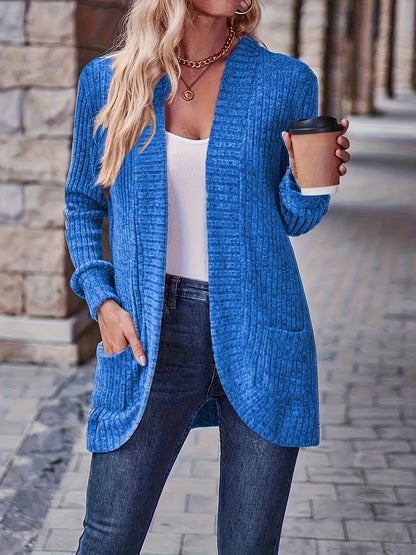 Open front ribbed longline casual cardigan sweater for women