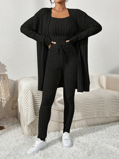 Three-piece ribbed tank top, cardigan, and pants lounge set for women