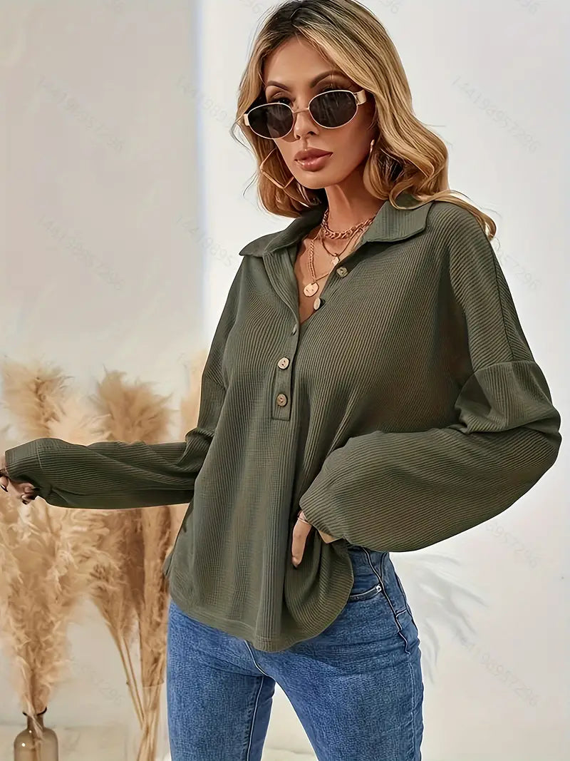 Women's Ribbed Button-Down Shirt - Long Sleeve - Relaxed Fit - Classic Collar