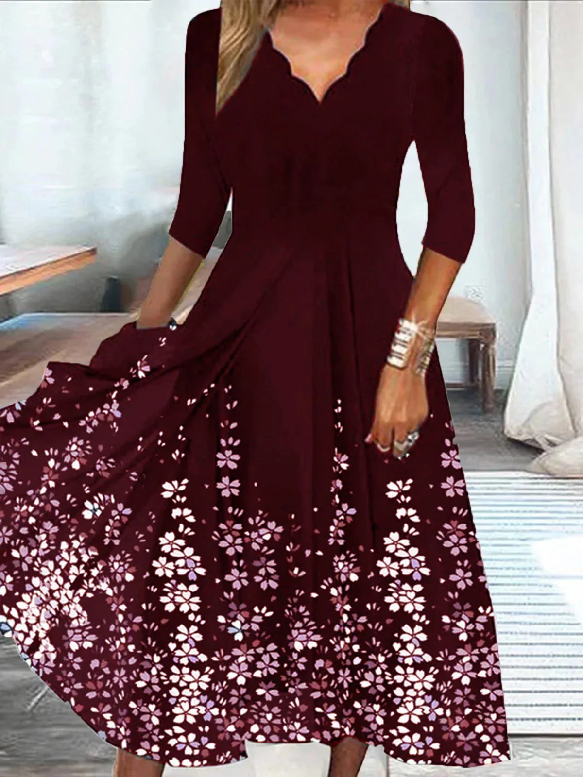 Women's Midi Dress - Scalloped V-Neck - Three-Quarter Sleeve - A-Line Floral Print