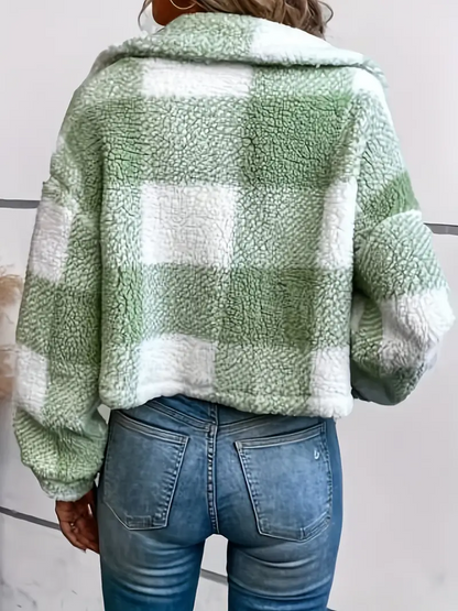 Women's warm checked jacket with wide collar