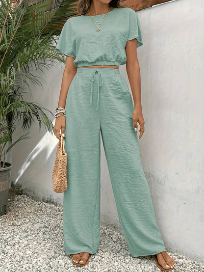 Two-piece wide-leg pants and crop top set for summer women