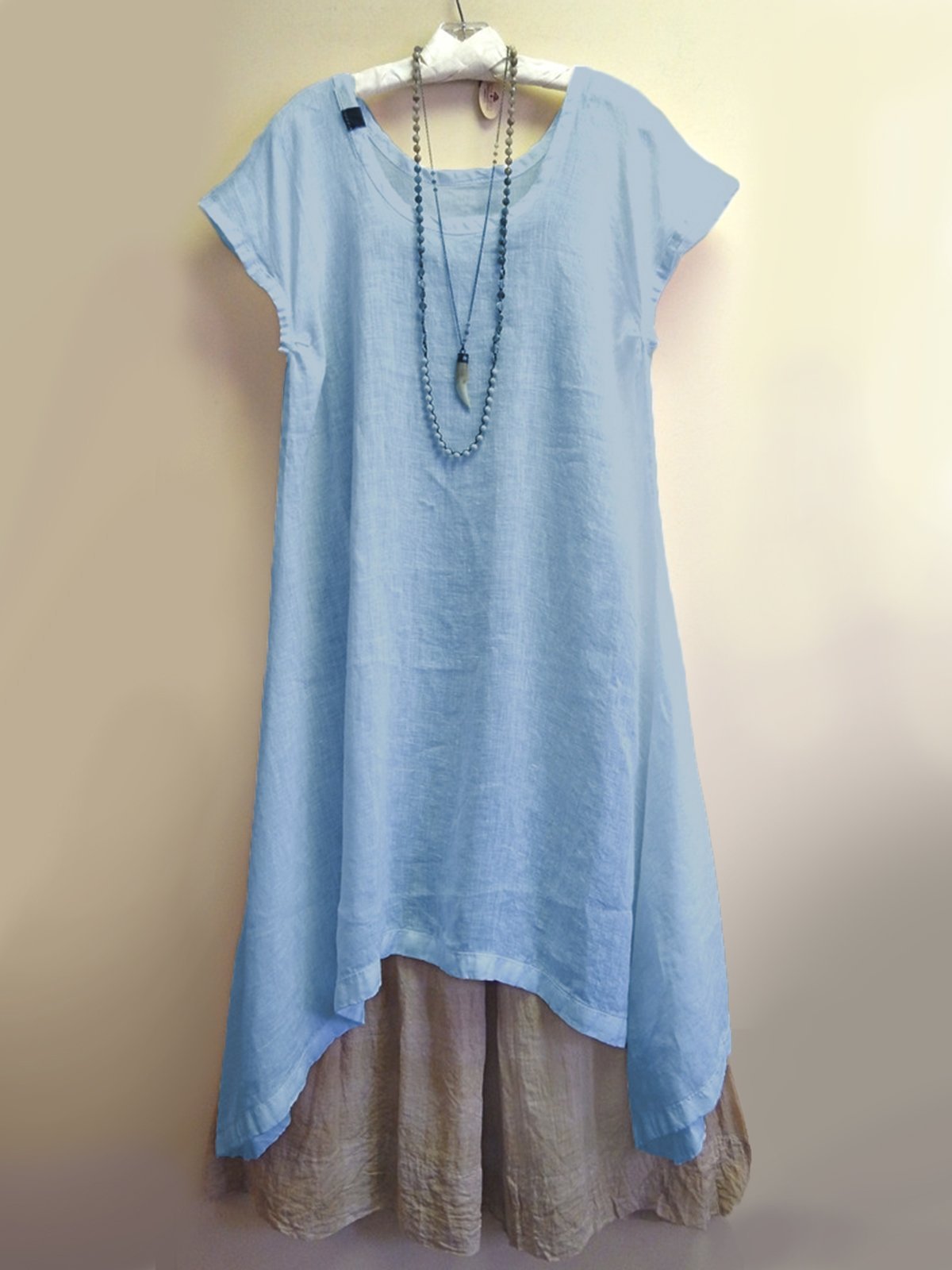 Women's Dress - Loose Fit - Short Sleeve - Round Neck - Layered Asymmetrical Hem - Flowy Boho Style