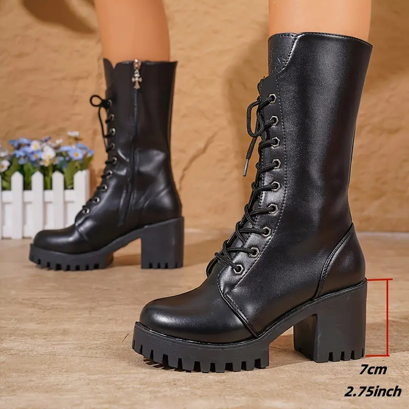Women’s Heeled Boots – Mid-Calf Lace-Up – Chunky Block Heel – Lug Sole – Side Zipper