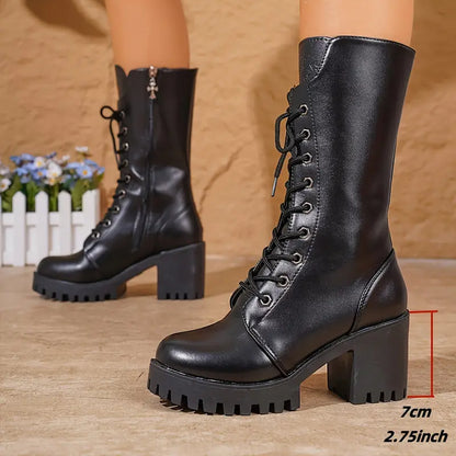 Women’s Heeled Boots – Mid-Calf Lace-Up – Chunky Block Heel – Lug Sole – Side Zipper