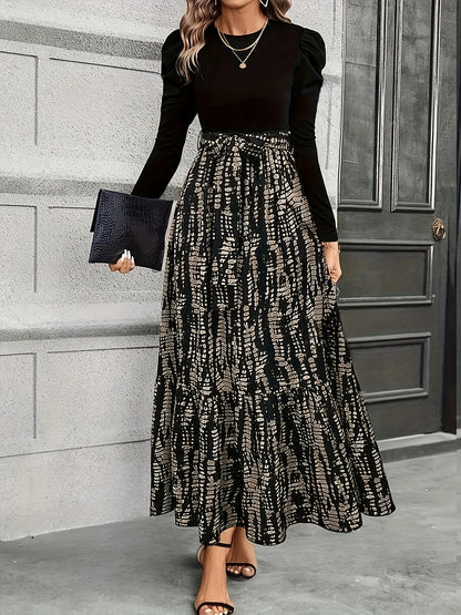 Women's Maxi Dress - Fitted Bodice - Long Sleeve Puff Shoulder - Flowing Skirt