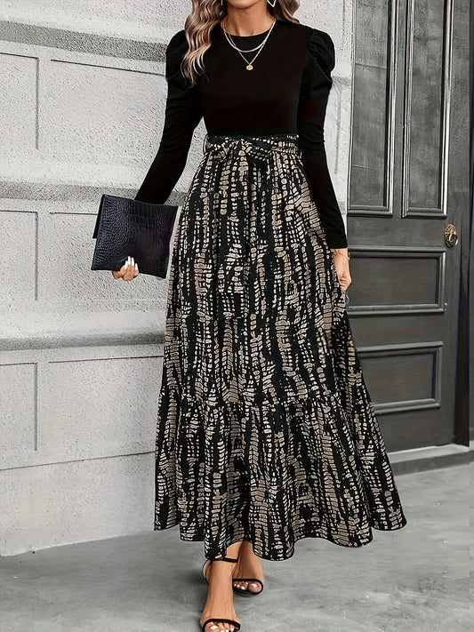Fitted Puff Sleeve Flowing Maxi Dress