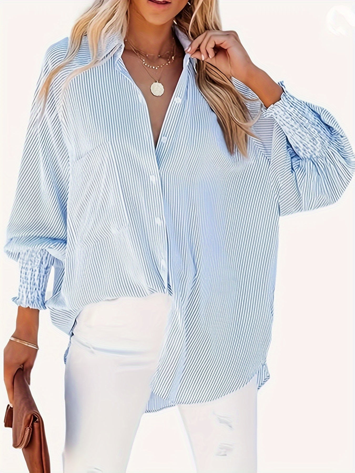 Women's Button-Down Shirt - Oversized Fit - Pinstripe Long Sleeve - Classic Collar