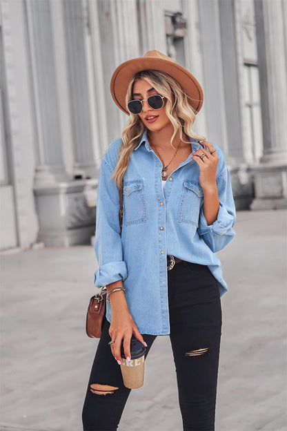 Women's Denim Shirt - Relaxed Fit - Button Down - Long Sleeve - Chest Pockets