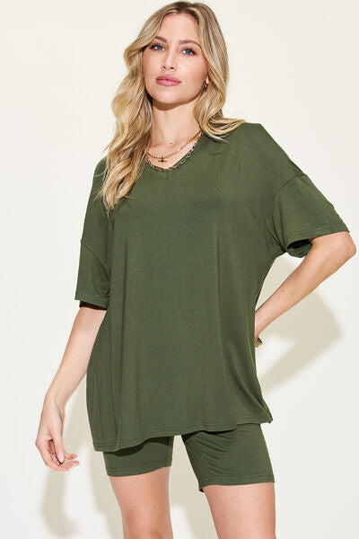 Women's v-neck drop shoulder short sleeve t-shirt and shorts set