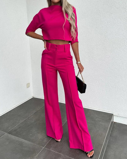 Women's casual 3/4 sleeve crop top and flare pants set