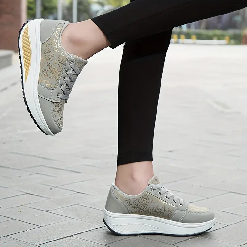 Women's Platform Sneakers - Floral Lace-Up - Cushioned Insole - Casual Comfortable