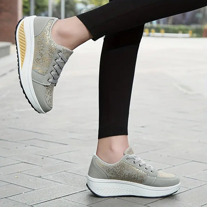 Women's Platform Sneakers - Floral Lace-Up - Cushioned Insole - Casual Comfortable