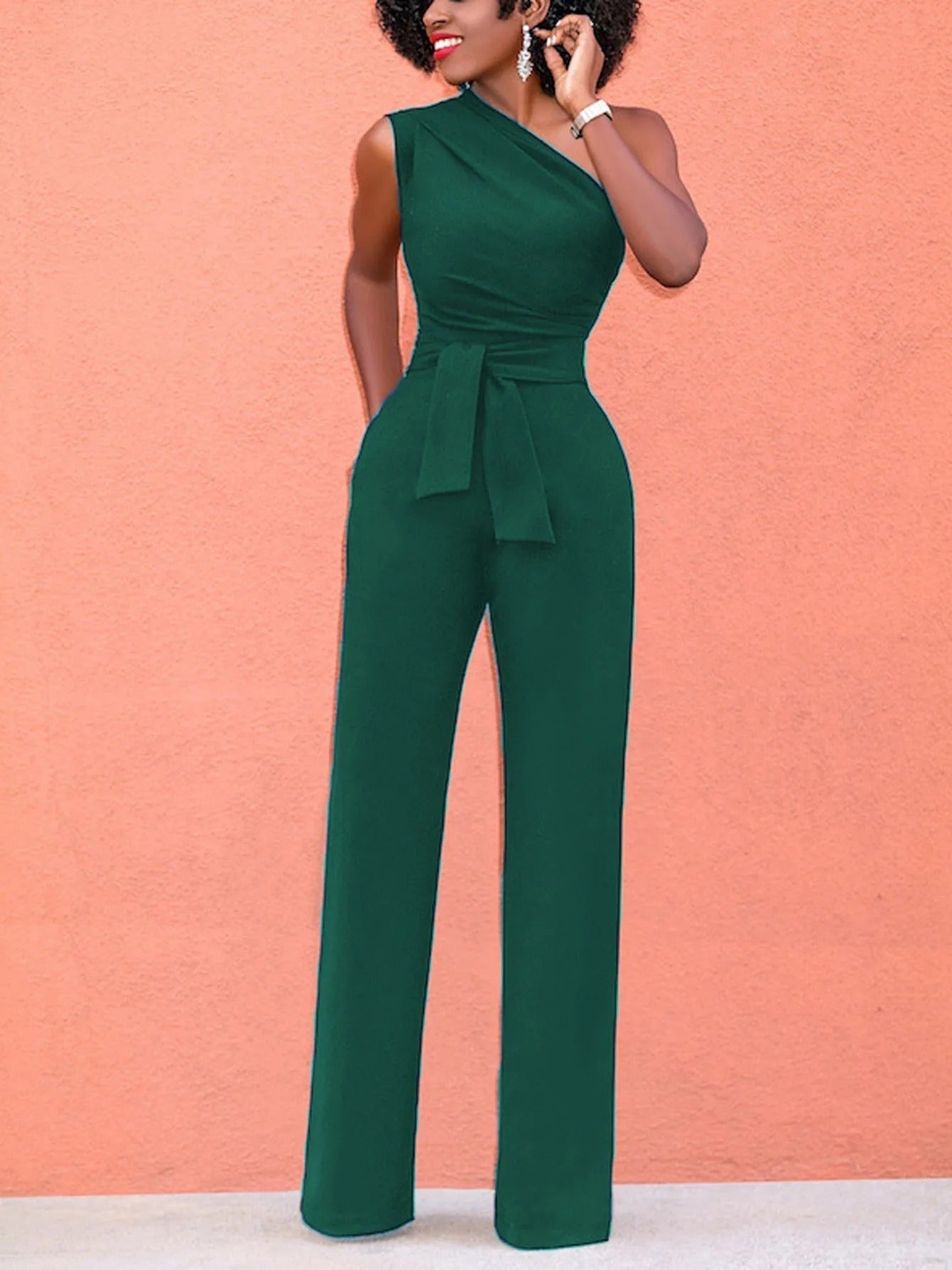 Women's One-Shoulder Jumpsuit - Fitted Waist Tie - Sleek Straight-Leg Elegant Style