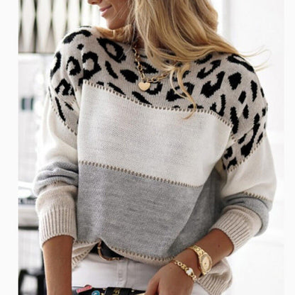 Women's color-blocked leopard print crew neck casual sweater
