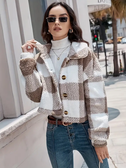 Women's warm checked jacket with wide collar
