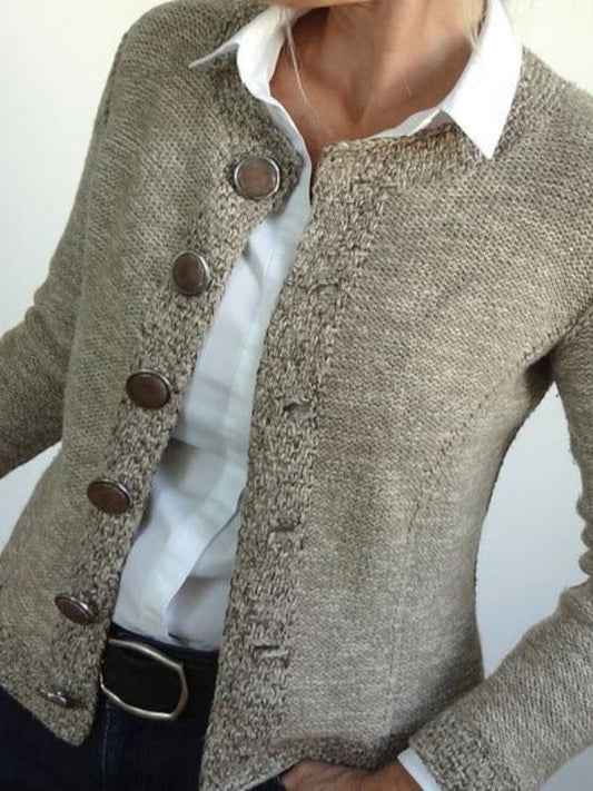 Tailored Wool Knit Cardigan with Ribbed Trim 
