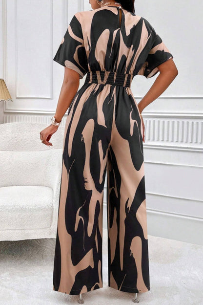 Women's Jumpsuit - V-Neck - Short Sleeve - Wide Leg - Cinched Waist - Lightweight