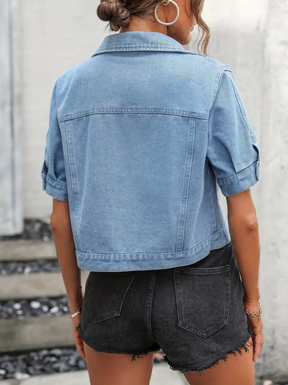 Women’s Denim Jacket - Cropped Fit - Short Sleeve - Button Front - Chest Flap Pockets