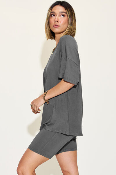 Women's v-neck drop shoulder short sleeve t-shirt and shorts set