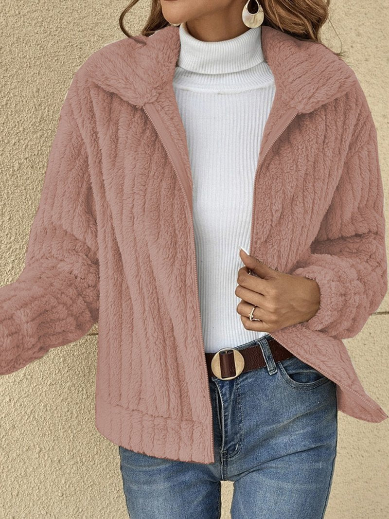 Women’s Jacket – Soft Fleece – Ribbed Texture – Relaxed Fit – Cropped Length – Zip Front