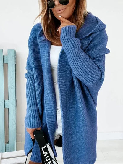 Women’s Hooded Sweater Jacket – Wool Blend Knit – Loose Fit – Open Front – Ribbed Cuffs