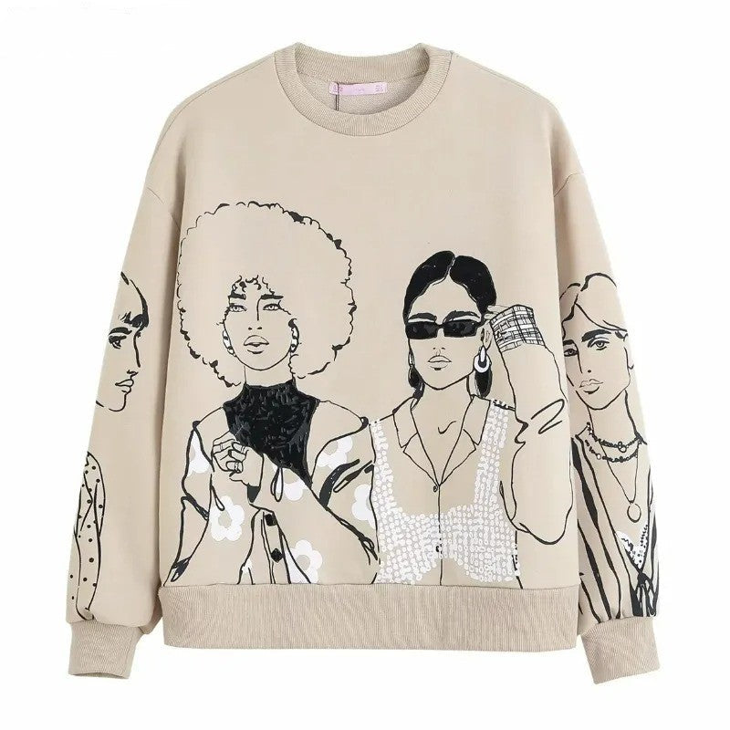 Women's spring loose round neck printed sweatshirt