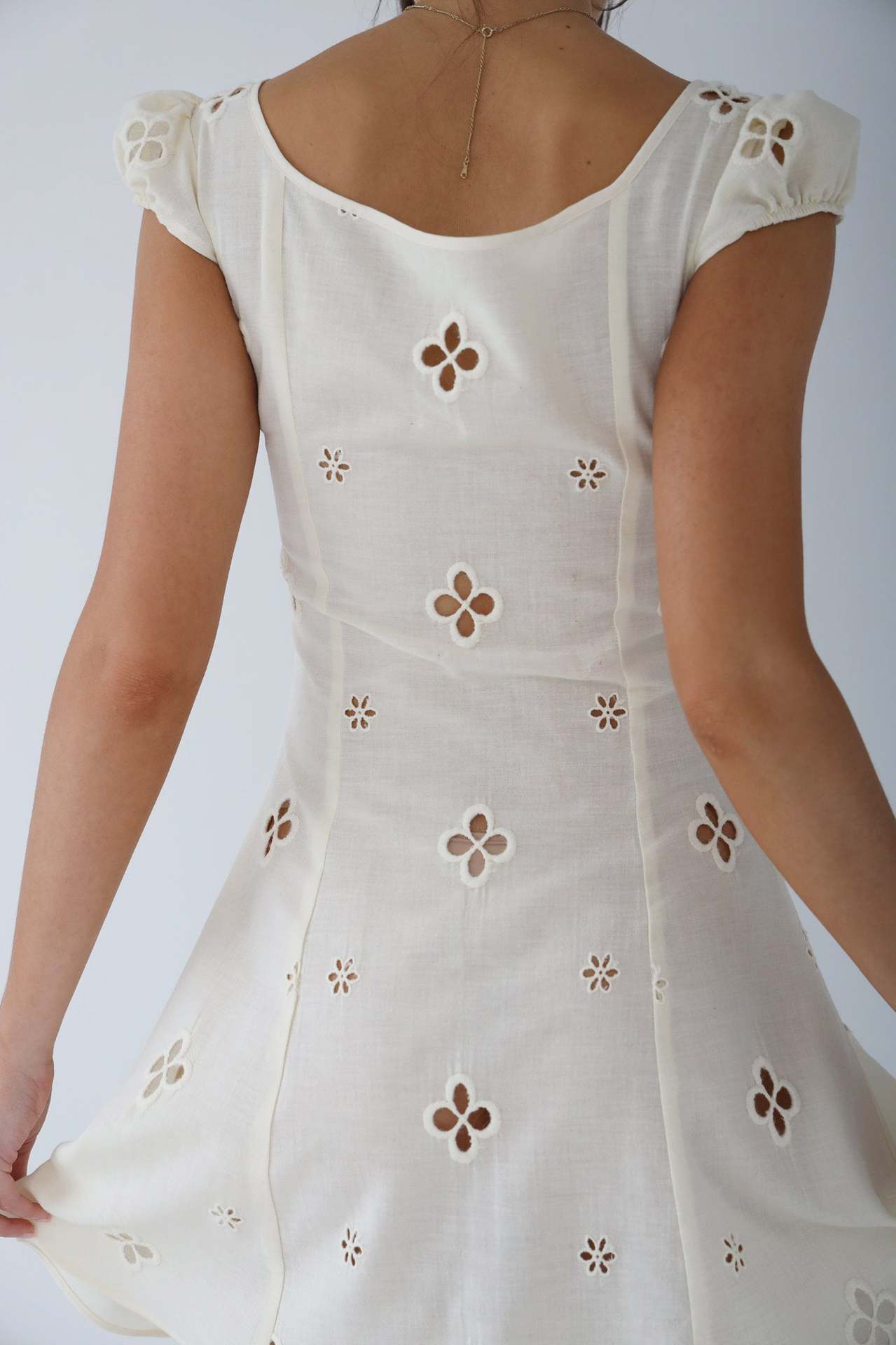 Women’s Midi Dress – Fitted Silhouette – Embroidered Cut-Outs – V-Neck – Cap Sleeves