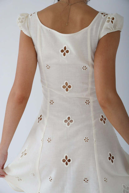 Women’s Midi Dress – Fitted Silhouette – Embroidered Cut-Outs – V-Neck – Cap Sleeves