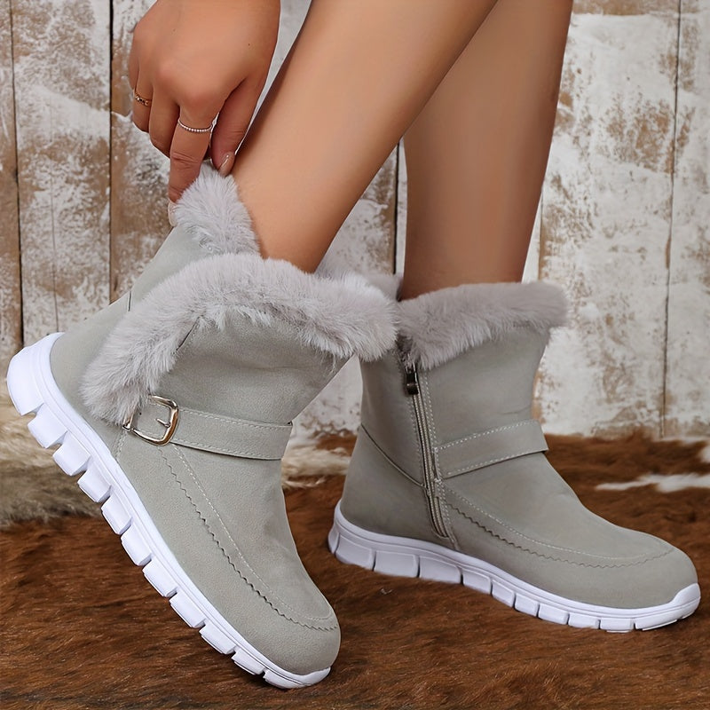 Women's snow boots with buckle and side zipper