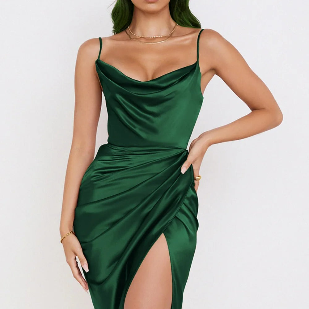 Satin Cowl Neck Spaghetti Strap Dress