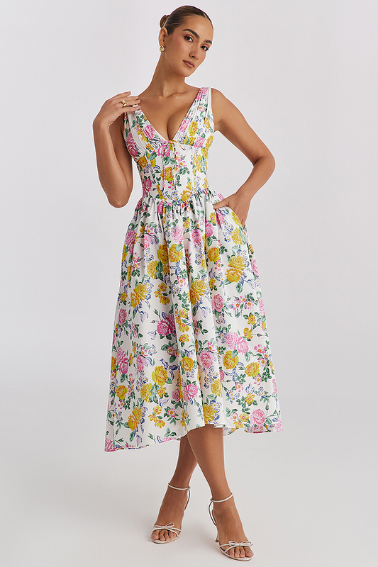Floral Flared Cotton Blend Midi Dress