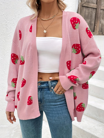 Strawberry print open-front cardigan with long sleeves and ribbed edges for women