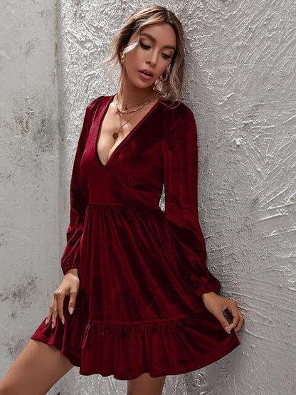 Women's Dress - Soft Luxe Fabric - Deep V-Neck - Long Balloon Sleeves - Ruffled Hem