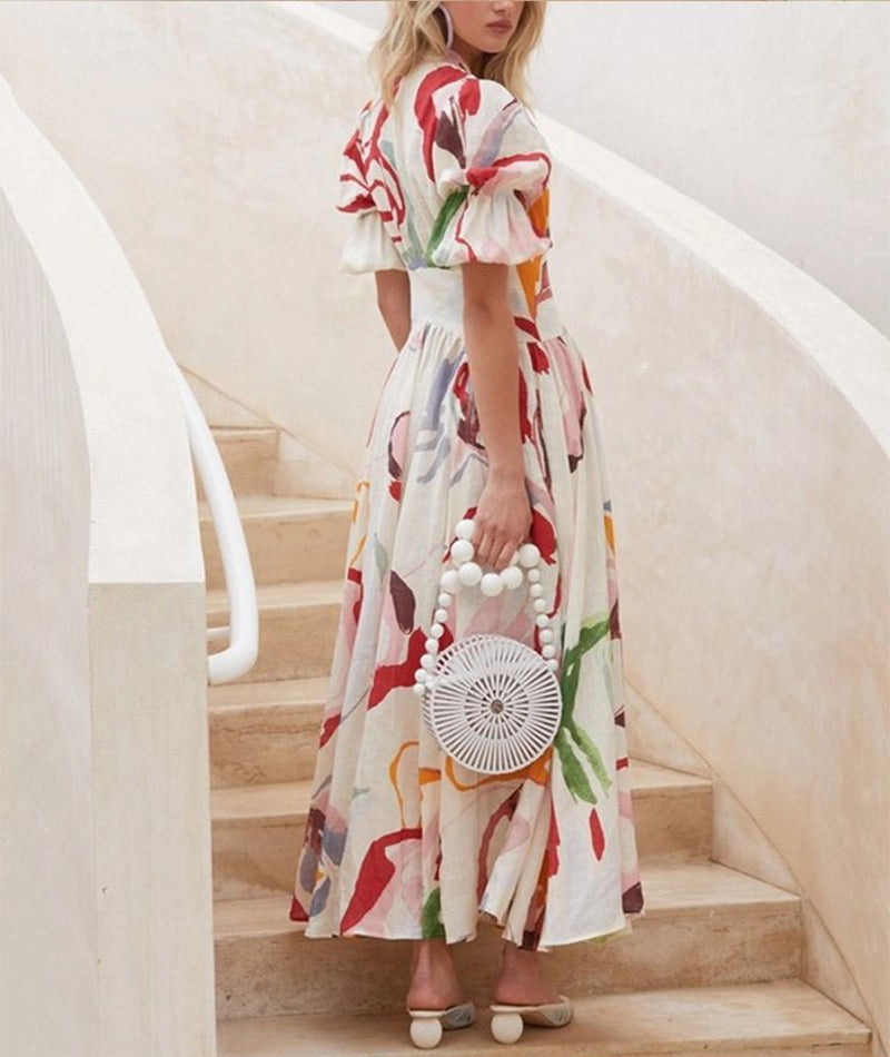 Women's Maxi Dress - V-Neck Button-Down - Puff Sleeve A-Line Flowy Print