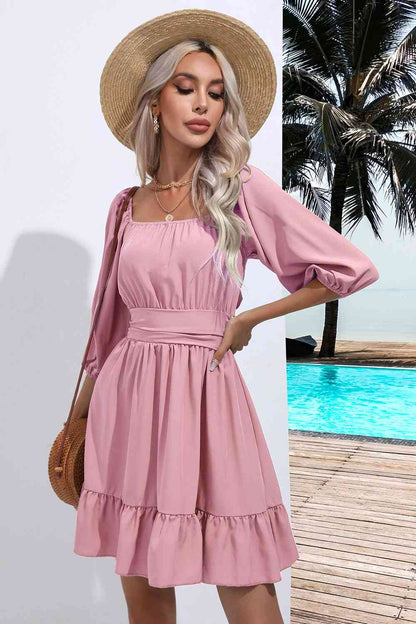 Women's A-Line Dress - Square Neck - 3/4 Sleeve - Ruched Bodice - Tiered Hem